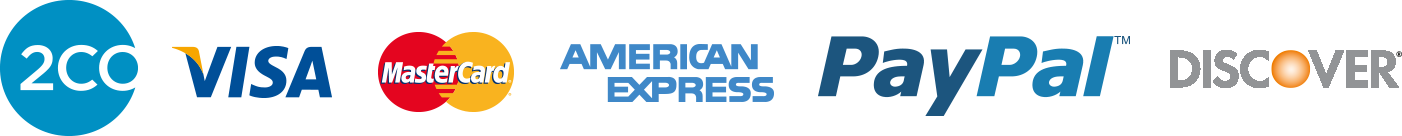 Payment Methods - 2Checkout, Visa, Mastercard, American Express, PayPal, Discover