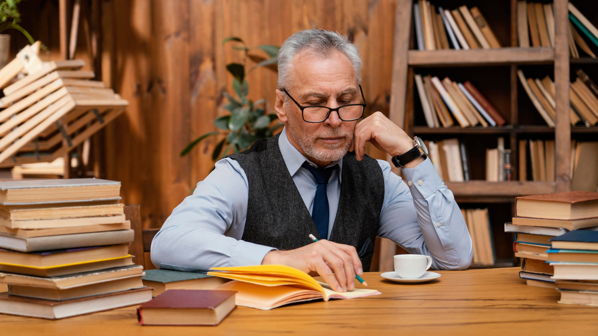 An author reviewing notes at a desk surrounded by books